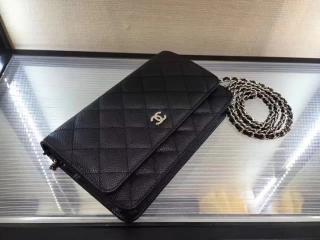 シャネル 大人気チェーン WALLET 「CHANEL」 キャビアスキン ワレットチェーン ショルダーバッグ・ポシェット シルバー ブラック 【A33814】