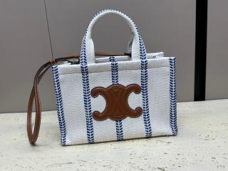 【199162EYI】 CELINE セリーヌ バッグ スーパーコピー 23新作 CABAS THAIS スモール カバ タイス / ストライプテキスタイル＆カーフスキン トートバッグ ホワイト / ブルー