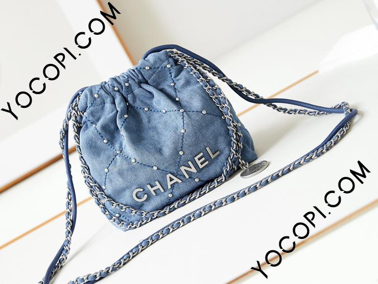 AS3980 B16649 NY101】 CHANEL 22 シャネル バッグ コピー 24新作 ミニ ハンドバッグ ウォッシュド デニム レディース  ショルダーバッグ ブルー_シャネル バッグ_シャネルコピー_ブランドコピー優良店